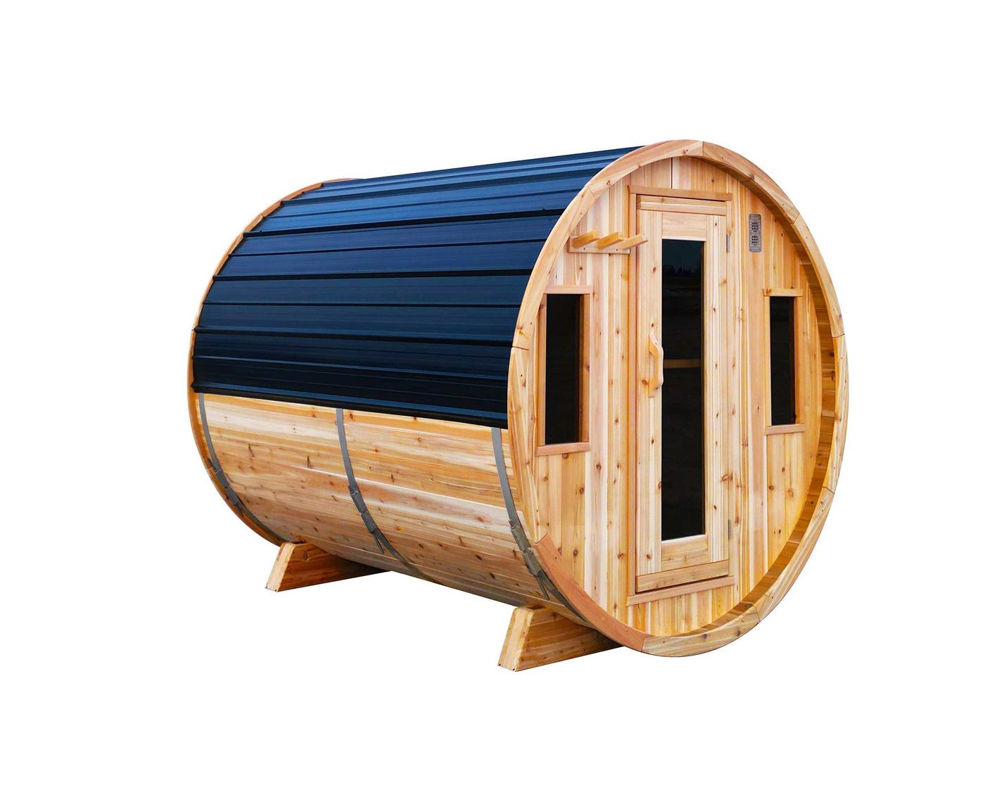 Canadian red cedar barrel sauna on a Northern Ontario lake