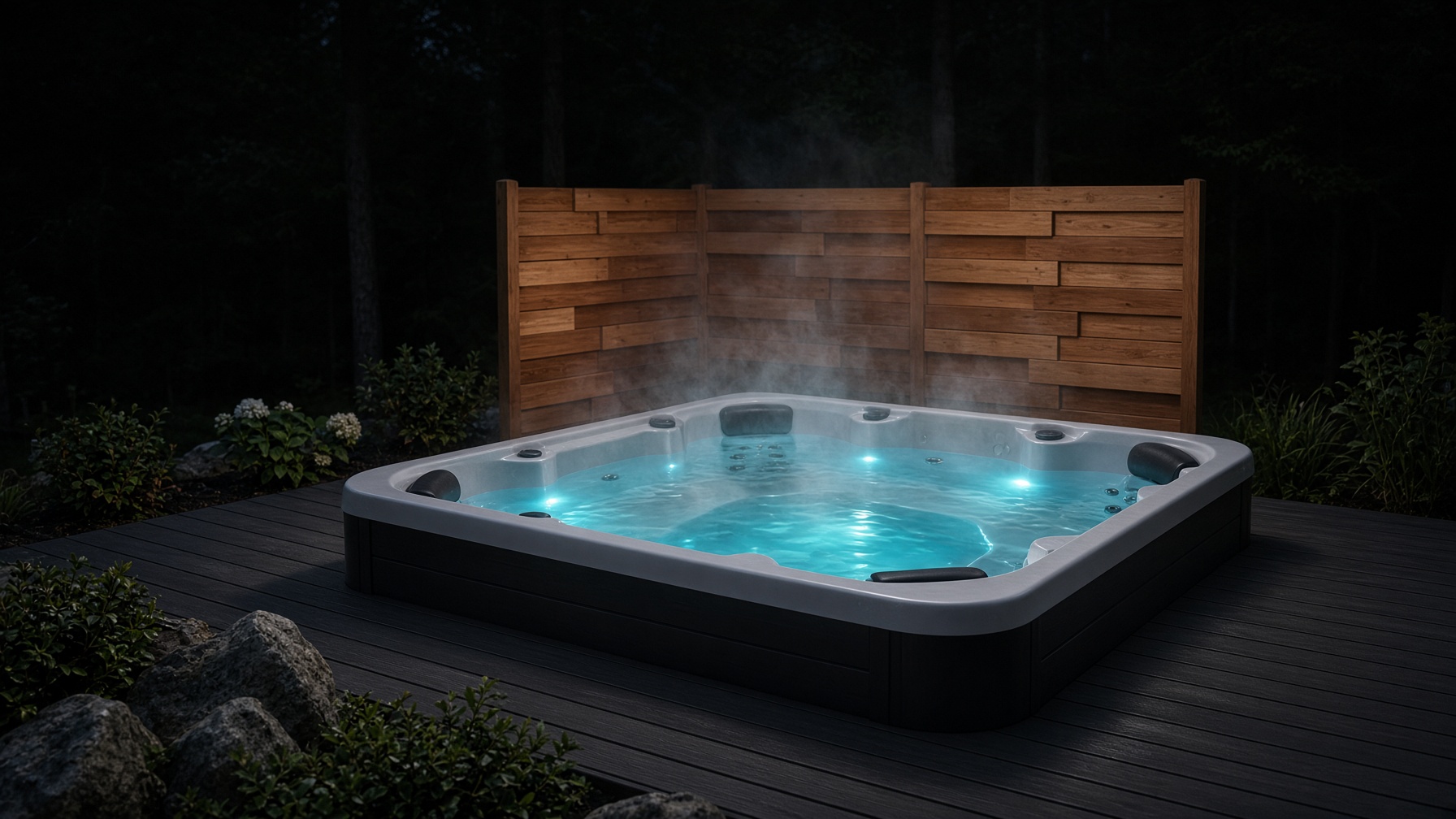 Northern hot tub on a Northern Ontario deck at night