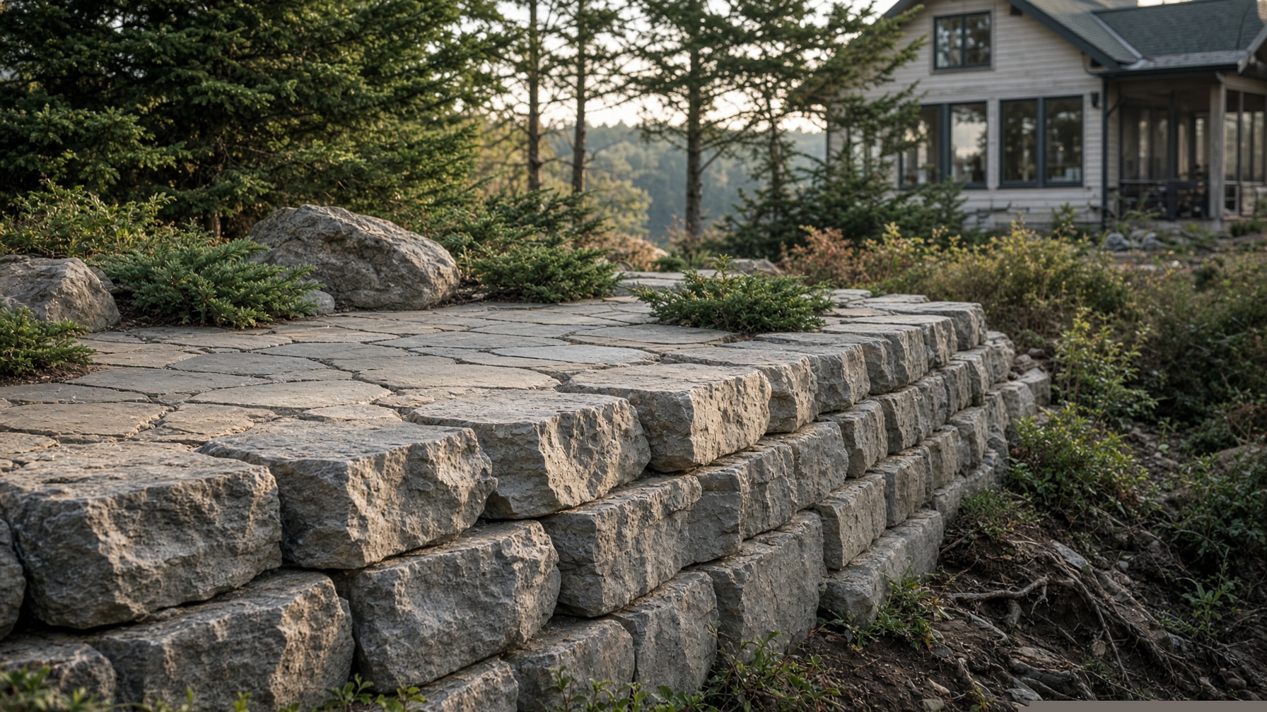 Armourstone wall and flagstone patio